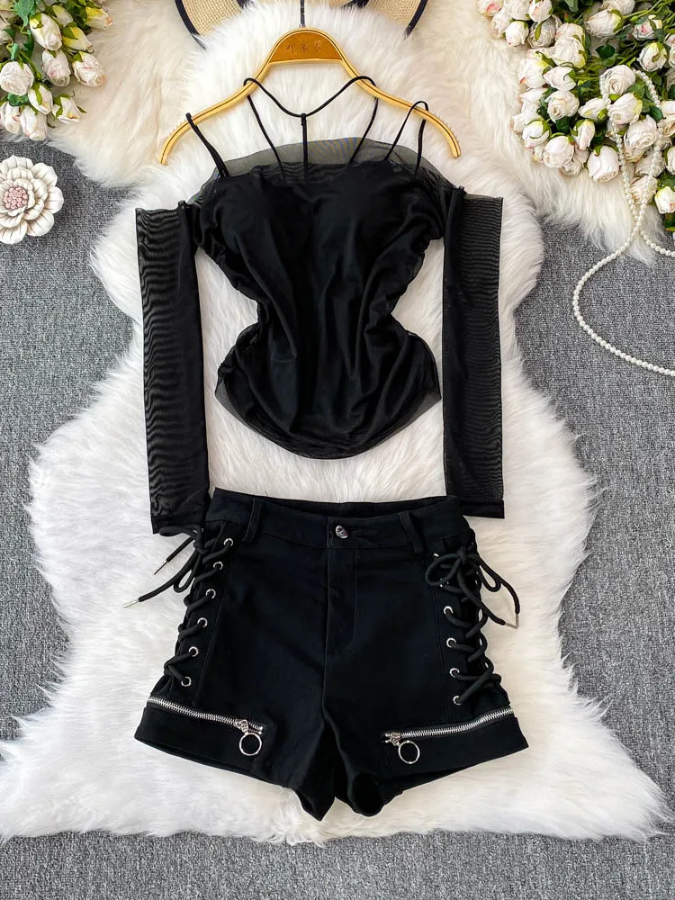 

Sexy One-oulder Long-Sve Me Top with Chest Pad Hanging Ne Strap Tee-Piece Set High-Waist orts for Young Women