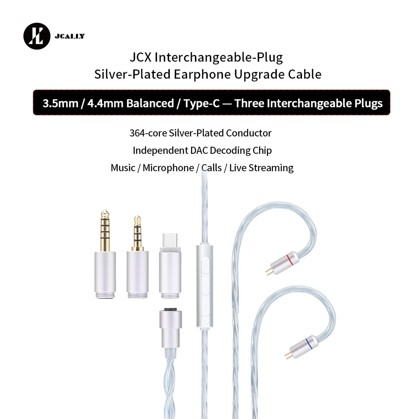 JCALLY 2-Pin 0.78mm JCX Silver-Plated Headphone Upgrade Cable with USB-C/3.5mm/4.4mm Connectors For Phones and Computers