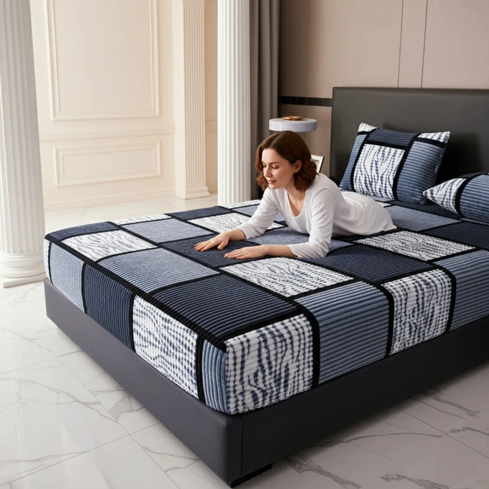 Plush Milk Velvet Fitted Sheet  Quilted Geometric Check Design  Wrinkle & Pill Resistant  Deep Pocket Mattress Cover  for Queen King Bed  All Season Cozy  Machine Washable