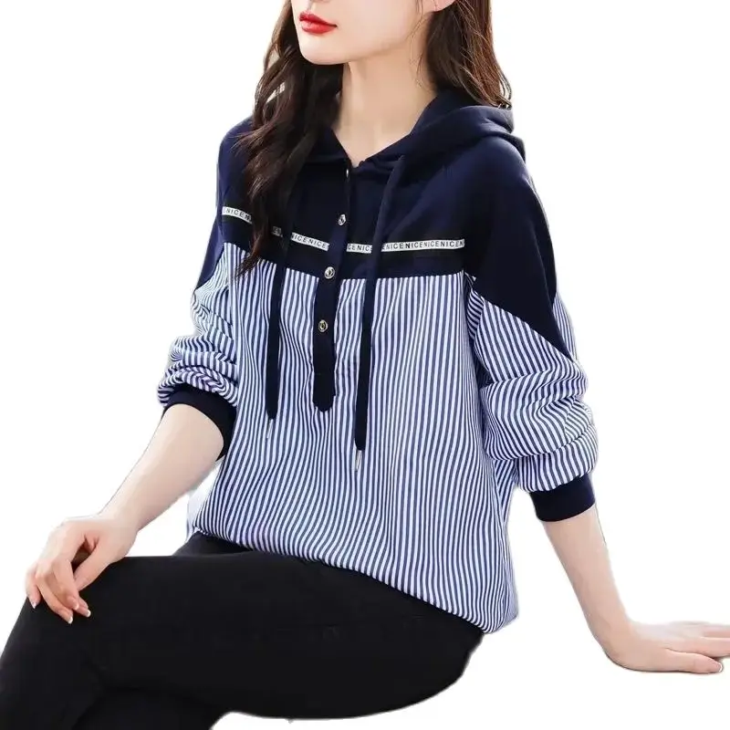 Casual Hooded Sweater Stitching Striped Shirt Woman Spring Summer 2024 New Fashion Be All-Match Loose And Comfortable Blouse