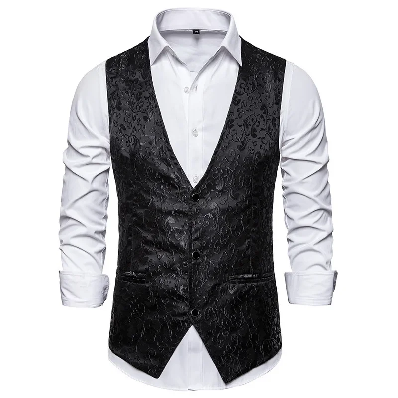 Men\'s Gold Jacquard Fabric V-Neck Sleeveless Vests Jacket, Single Breasted Vest, Wedding Party Waistcoat Black Wine Red