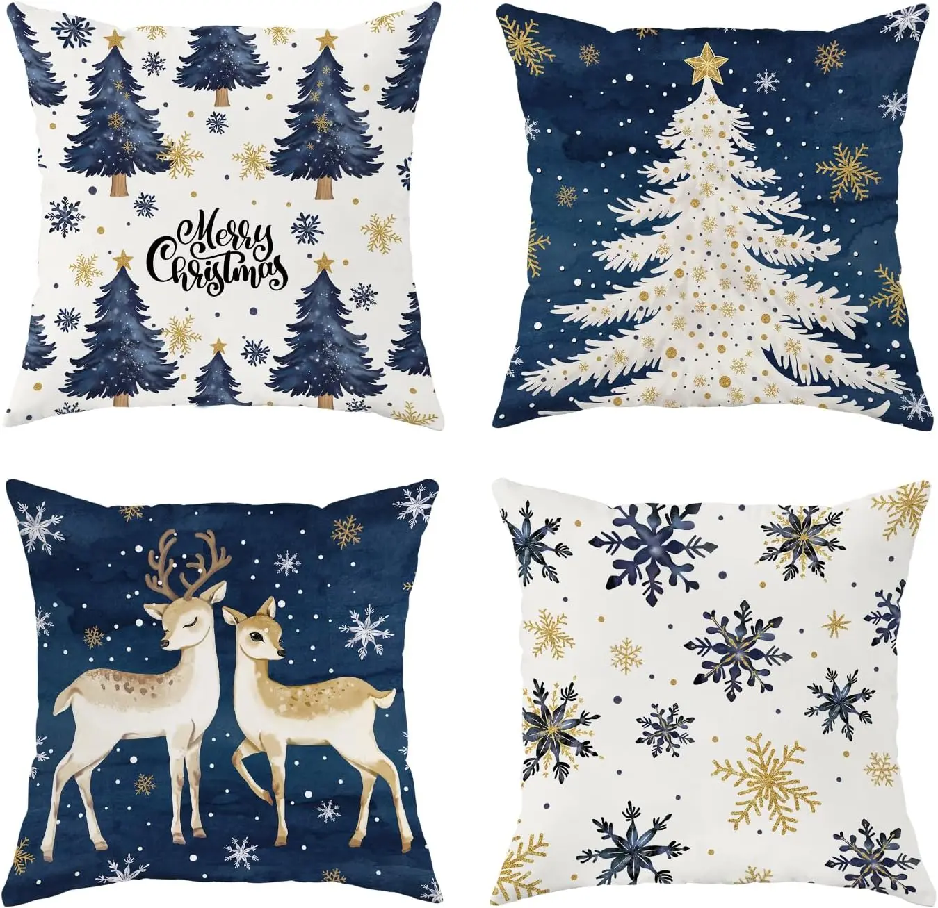 Christmas Set of 4 Double Sided Throw Pillow Covers Elegant Tree Deer Snowflake Navy Blue Gold Cushion Cases Couch Decor