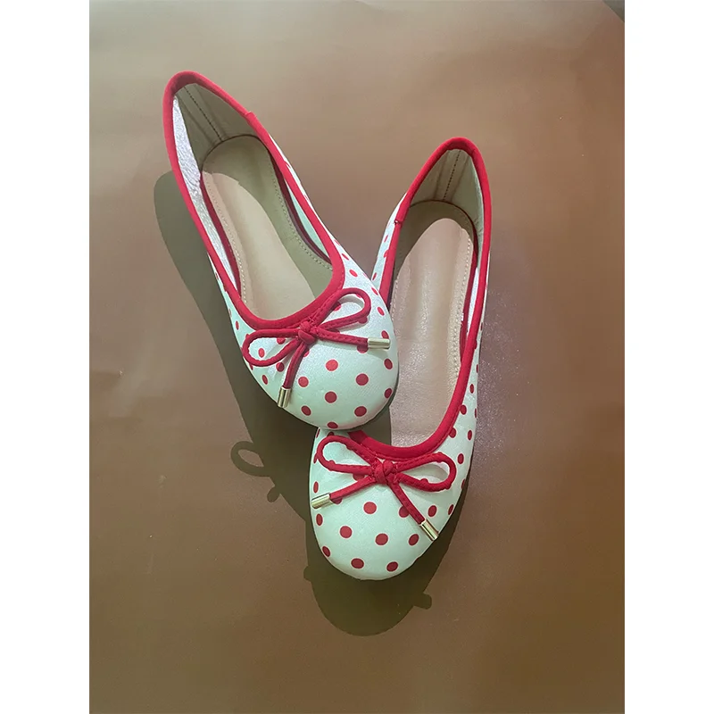 Red Polka Dot Flat Bottom Ballet Shoes 2026 New  Knot Women Stand Long Not Tired Foot round Head Shallow Mouth Singl...