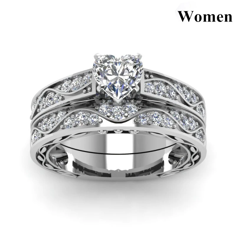 أزياء زوجين خواتم الرجال تشيكوسلوفاكيا الفولاذ المقاوم للصدأ خاتم النساء القلب قطع كريستال الراين خواتم مجموعة مجوهرات الزفاف الخطوبة