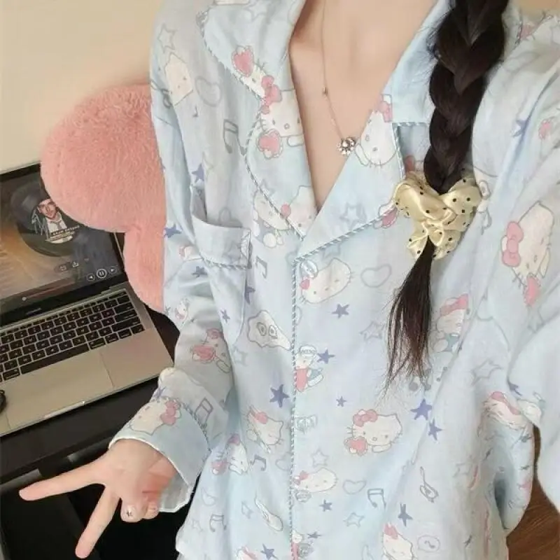 2Pcs 애니메이션 헬로 키티 여성 잠옷 봄 가을 세트 카와이 나이트 가운 만화 탑 바지 아름다운 소녀의 홈 의류 선물