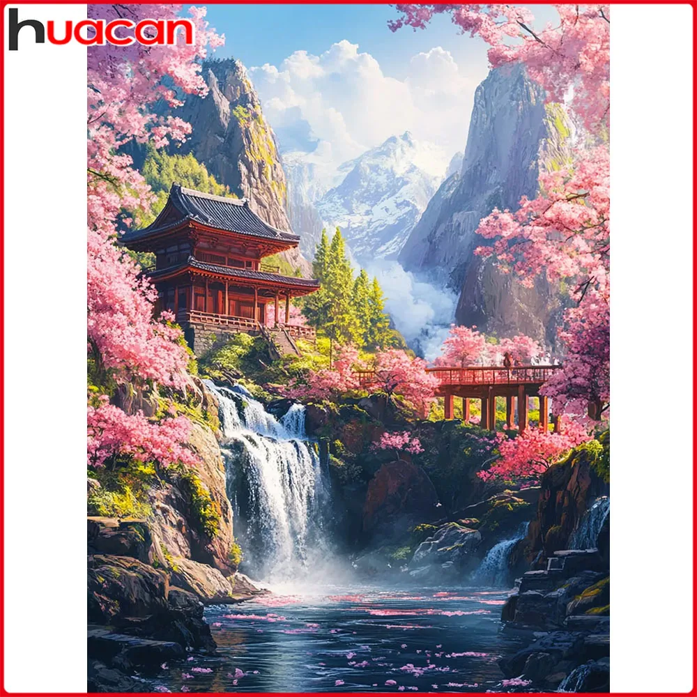 

Huacan New Arrivals 2025 Diamond Painting Waterfall Mountain Building Diamond Mosaic Landscape Complete Kit Craft kit