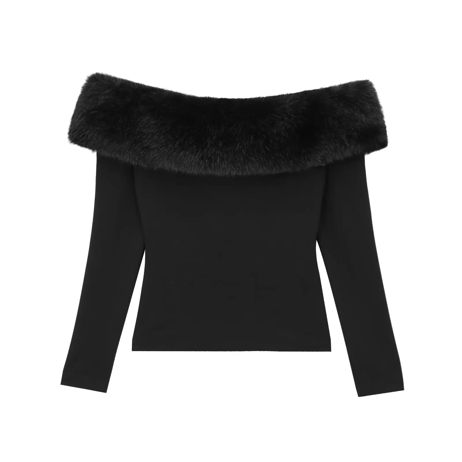 Jenny&Dave Minimalist Faux Fur Patchwork Party Off Shoulder Top Blouse Women Pullover Sexy Shirt Ladies