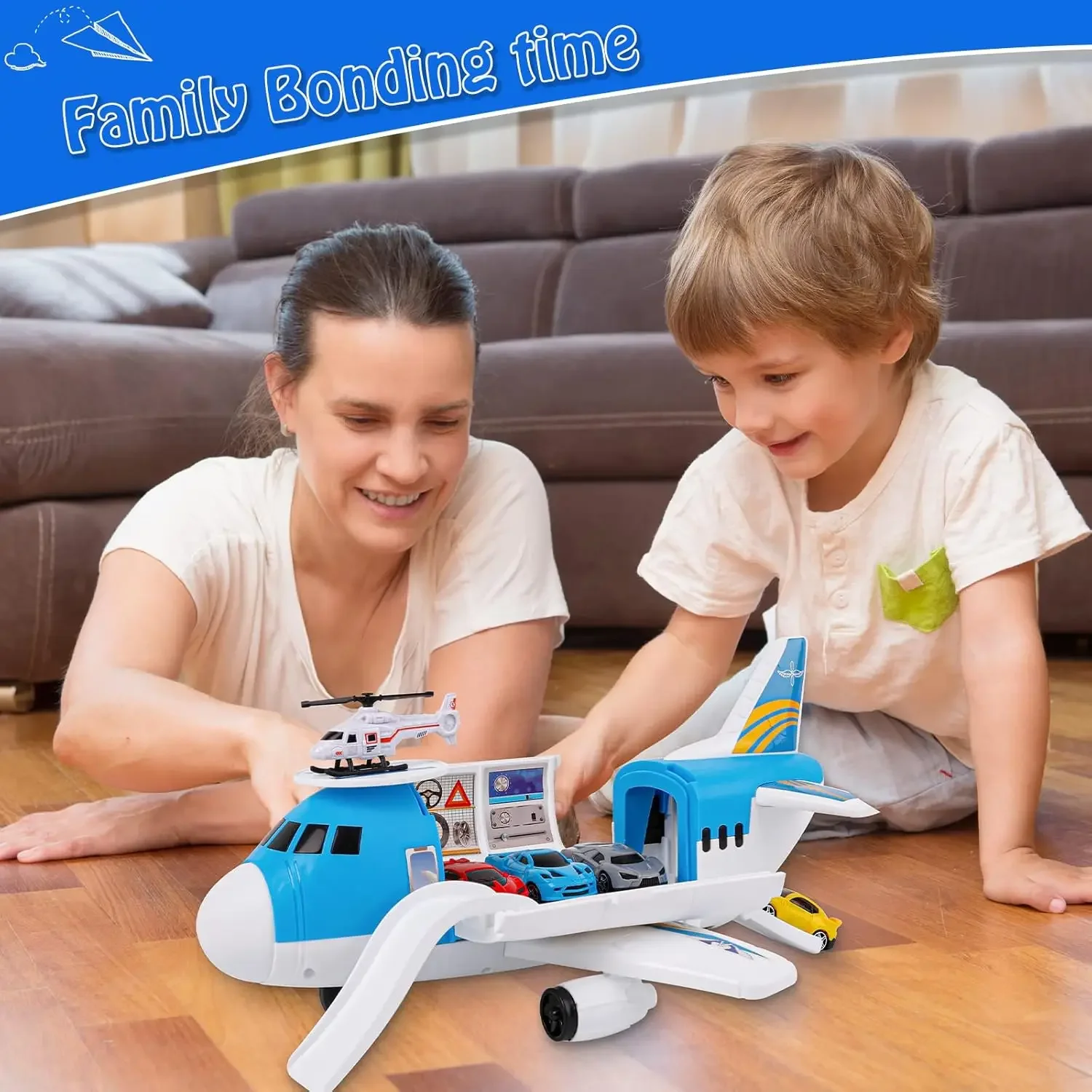 

Transport Cargo Airplane Toy Set with Cars & Helicopter, Inertial Vehicle Playset, Gift for Kids Toddlers Boys Girls Ages 3-6