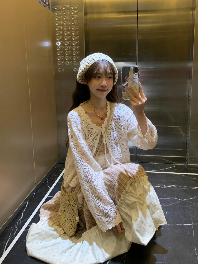 

Summer ort Lace Trim Knitted Cardigan Girls Sensation Vaion Wear V Ne Long Sve Suit Set Faionable Coat