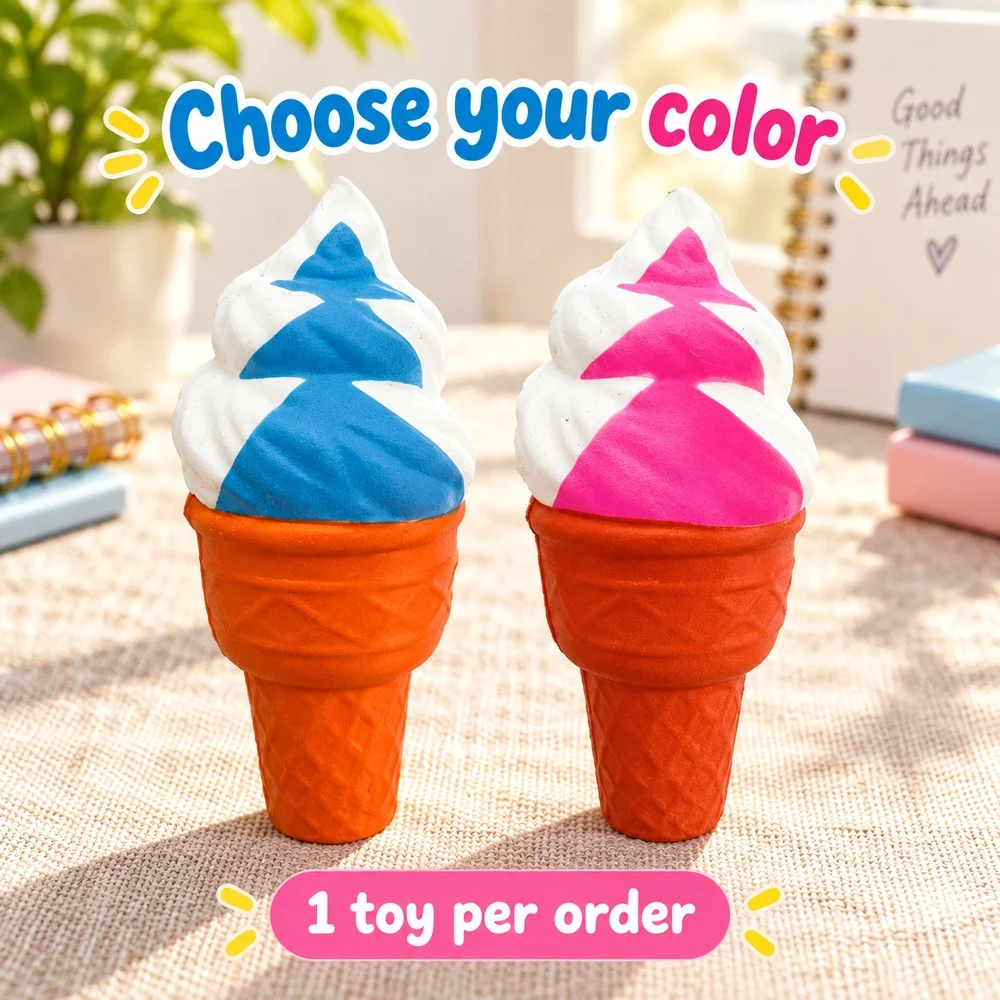 Ice Cream Cone Squishy Toy Soft PU Slow Rising Foam Blue Pink Swirl Shape Squeeze Fidget Handheld Desk Gift for Teens and Adults