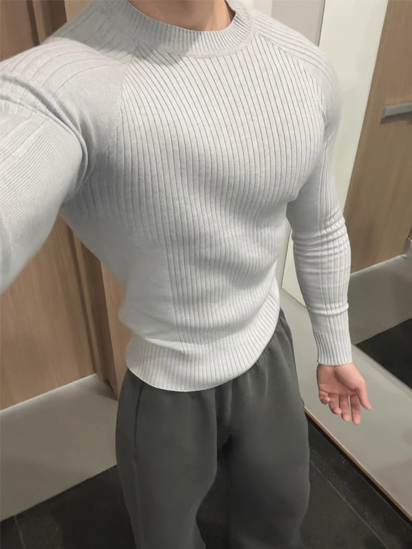 

Light ey American Stripe Men's Sweater Fitn Elastic Base irt Hard Man Sle Waist Cinched Knittedwear Winter Sportswear