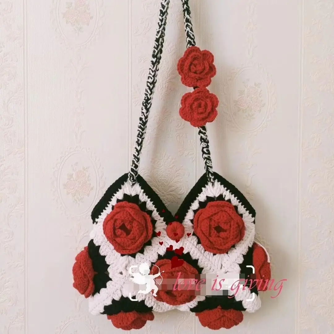 Finished product) Vintage Rose Handbag DIY 3D Outgoing Pure Handmade Woolen Hook Weaving Wooden Handle Handheld Versatile