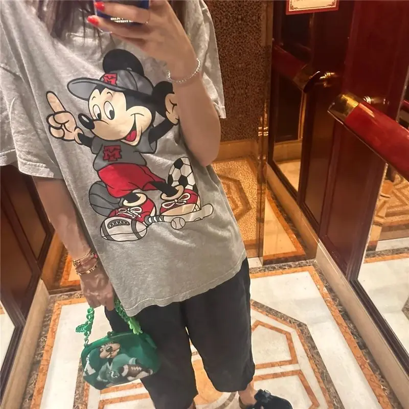 

Женская футболка с коротким рукавом с Микки Диснеем, бейсбольная футболка с мультяшным принтом Микки, универсальный свободный модный топ с короткими рукавами