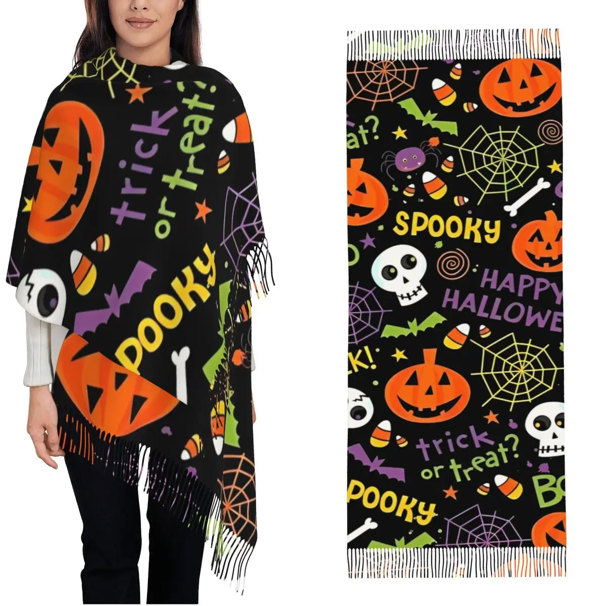 Halloween Pumpkins Spooky Shawl Wrap for Womens Warm Long Soft Scarf Gothic Cartoon Trick or Treat Pashminas Tassel Scarves