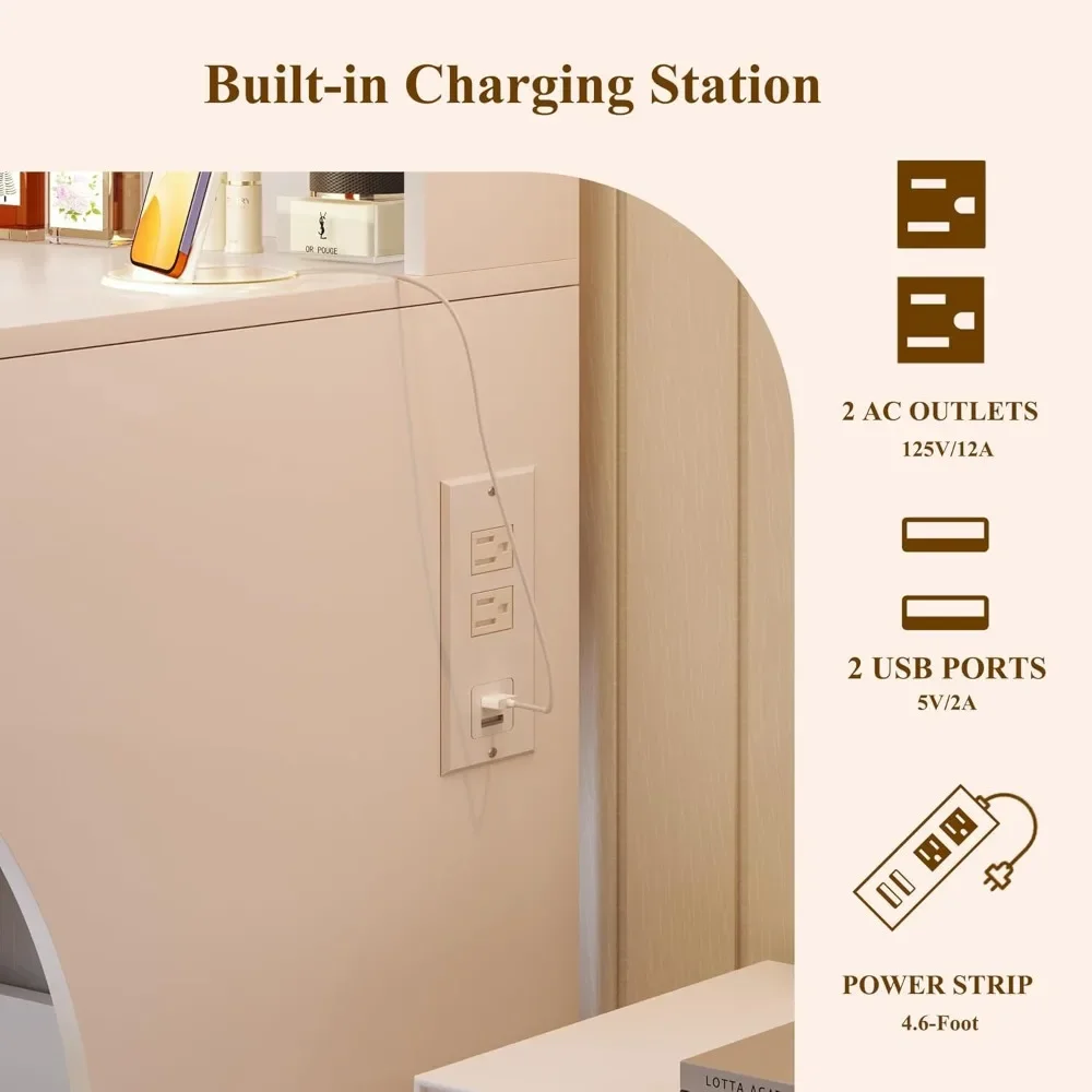 مكتب زينة مكياج مضيء مع مرآة وكرسي وإضاءة RGB، طقم طاولة زينة بيضاء مع أدراج مزدوجة ومنافذ طاقة #5