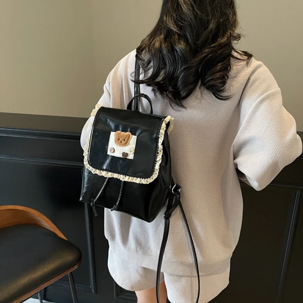 Sweet Ruffled Lace Fashion Backpack PU Leather Top Handle Drawstring Backpack Casual Ballet Style Cute Bear Knapsack Women