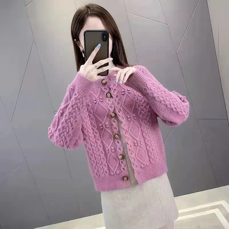New Solid Color Twist Knitted Cardigan Women\'s Spring Autumn Short Ladies Sweater Coat Korean Elegant Long Sleeve Tops