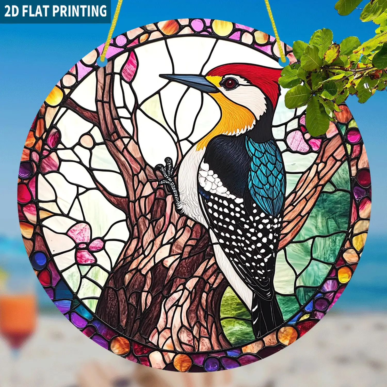 Acrylic Painting Stained Glass Style Vibrant Woodpecker with Red Crest Perched on Tree Trunk Plastic Window Hanging Suncatcher,