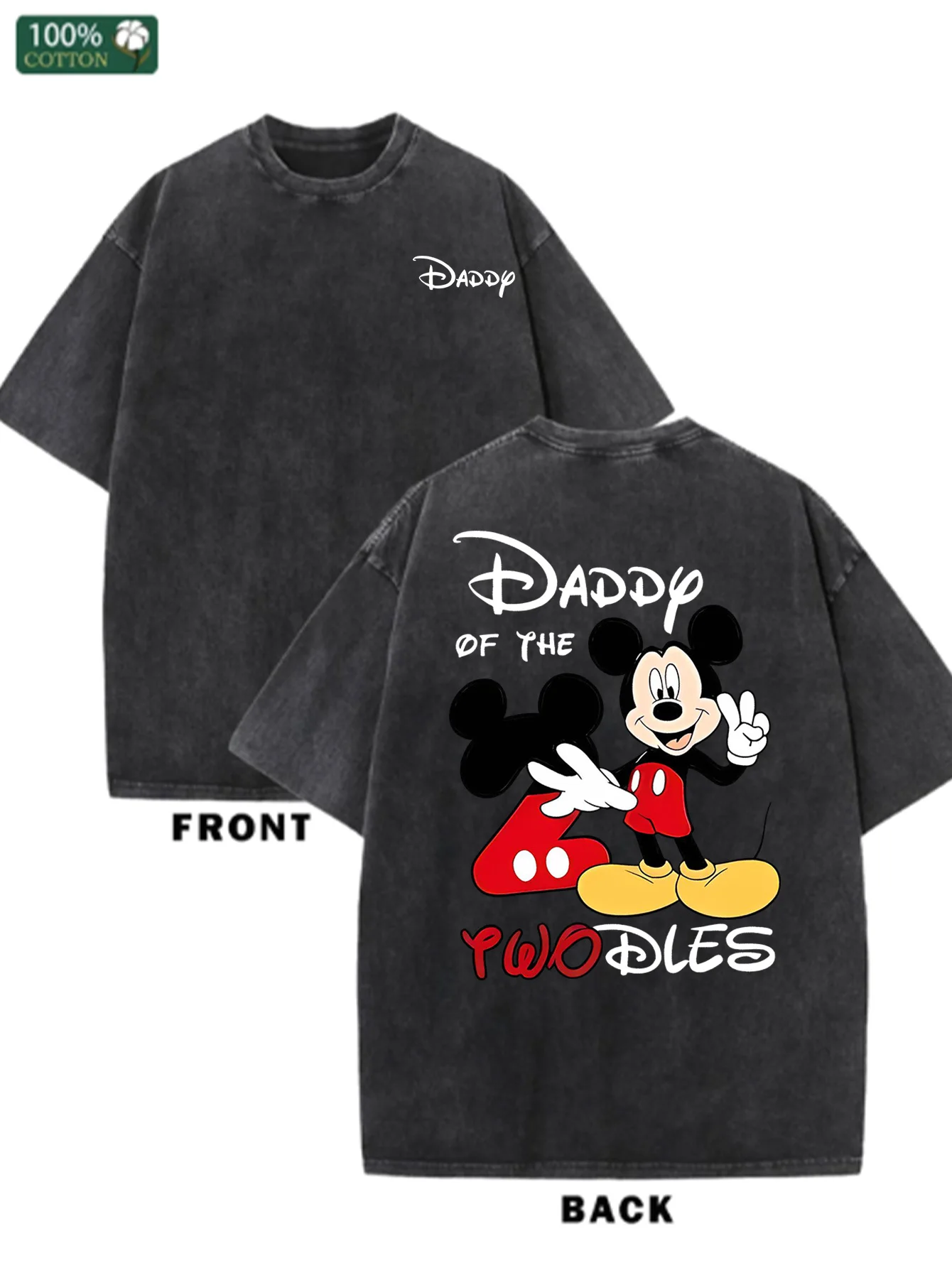 

Disney "Mickey and Parent-Child Names" Men's and Women's Washed T-shirt Short-sleeved Top Double-sided Printed Four-season Base
