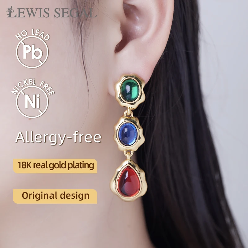 LEWIS SEGAL Green Blue and Red Glazed Dangle Earring for Women Girl Luxury Medieval Style Vintage Fine Jewelry 18K Gold Plated