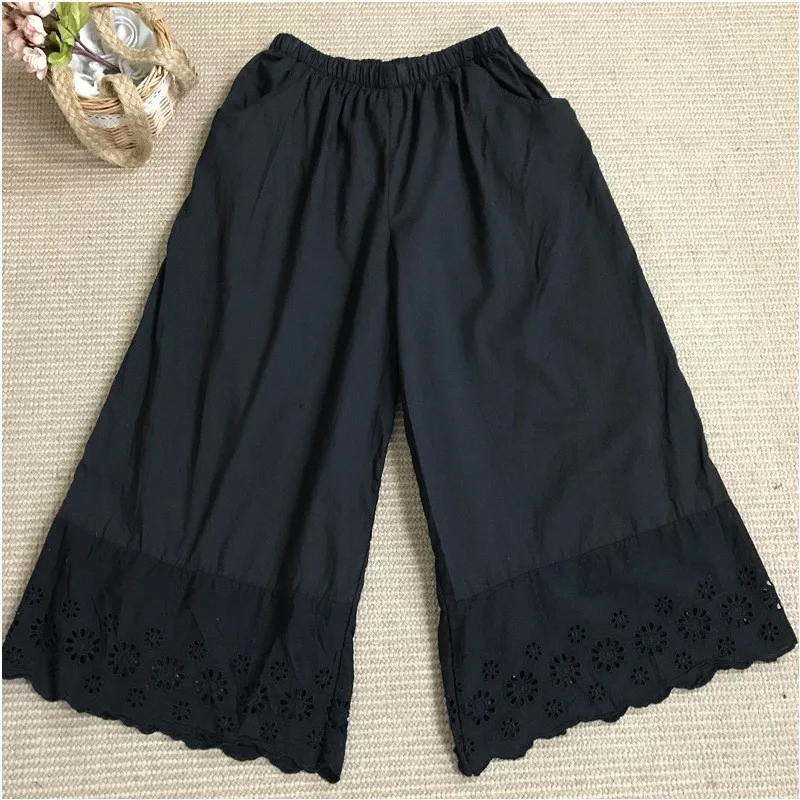 Spring New Stylish Commuter Wide-Leg Pants, Straight-Cut, Unique Loose-Fitting Cropped Pants, High-Waisted with Embroidery and Hollow-Out Design