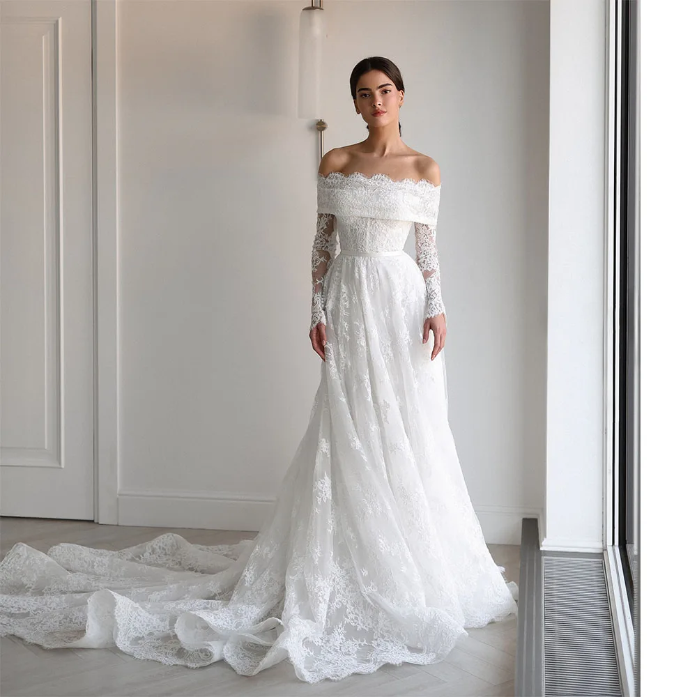 

Elegant European Off Shoulder Lace Long Sleeve Wedding Dress Floor Length Luxury Bridal Gown with Train Customized