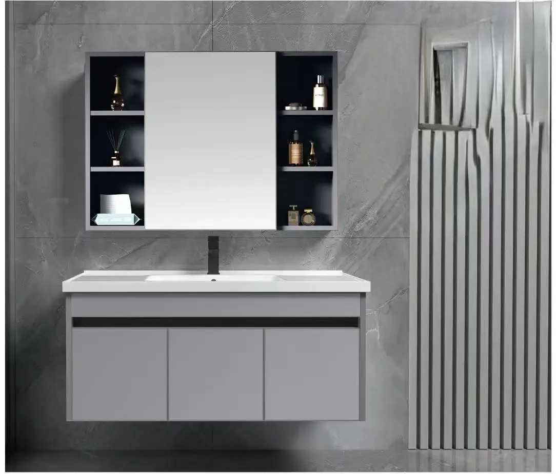 Modern Hot Design Wall-mounted Hotel Bathroom Vanity Unit LED Touch Illuminate Mirror Cabinet Aluminum Countertop Featuring