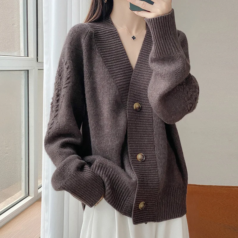 100% Pure Wool Cardigan Women's Large size Thicken Coat Fashion Long Sleeve Crochet Jacquard Knitwear High Quality Wool Blouse