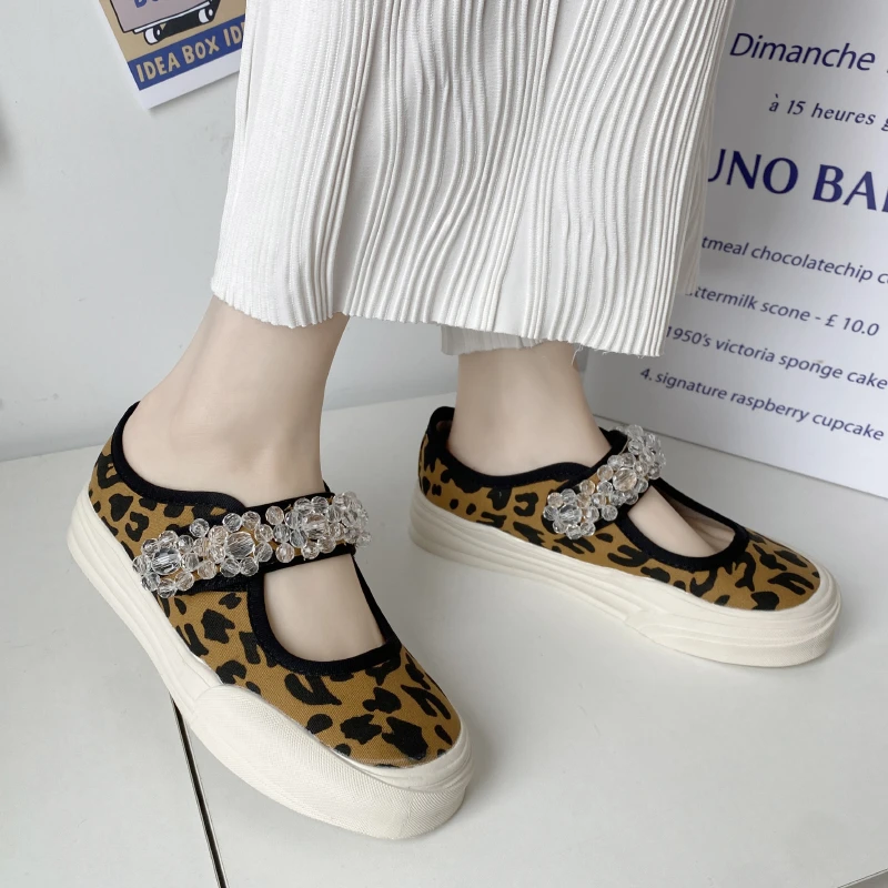 LazySeal Women Vercle Crystal Design Round Toe Casual Canvas Shoes Women's Shallow Mouth Leopard Print Breathable Flat Shoe