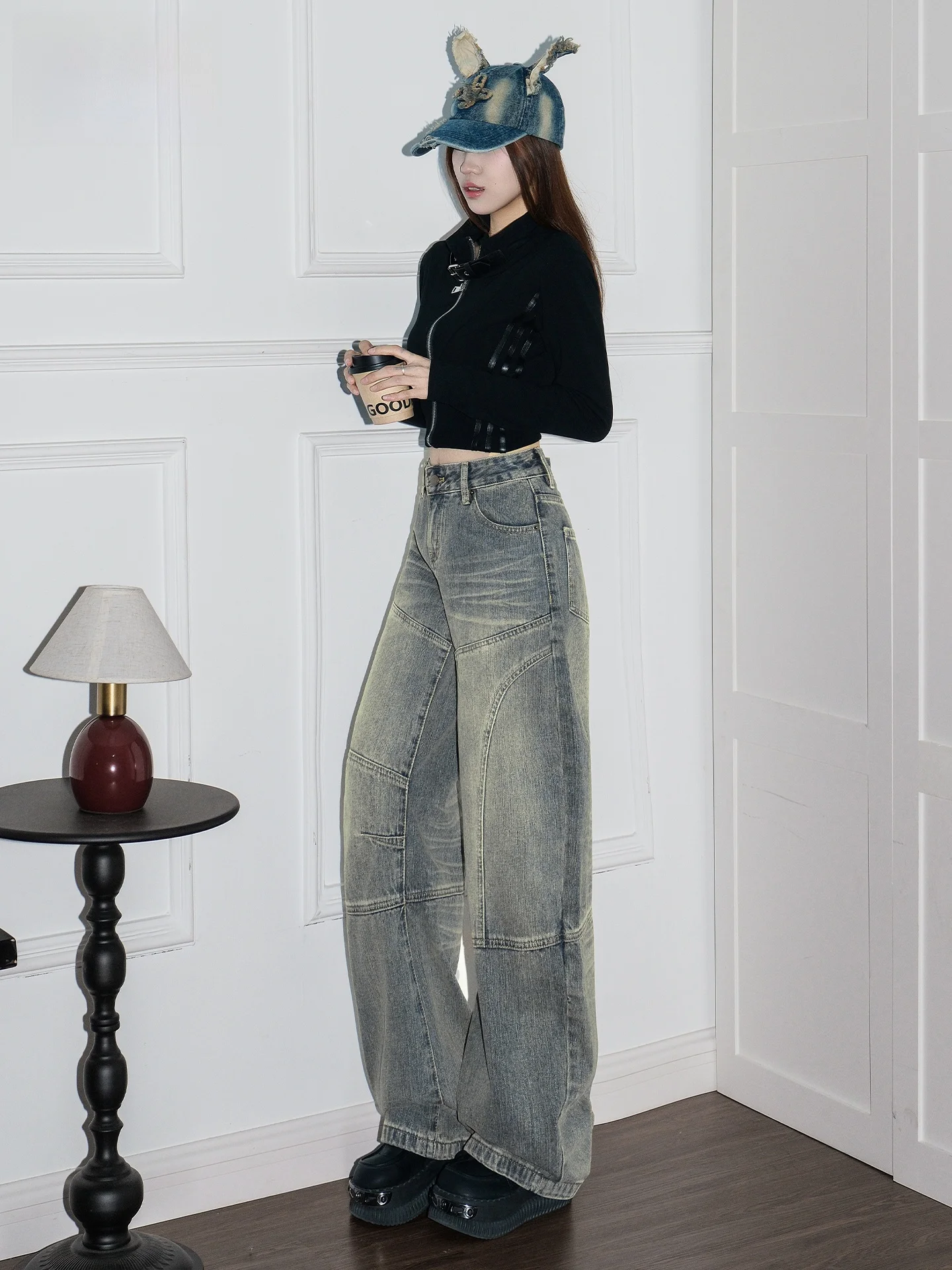 

Retro Washed Denim Wide Leg Jeans Women's Loose Straight Long Pants High Waist Casual Spring Summer Slimming Effect