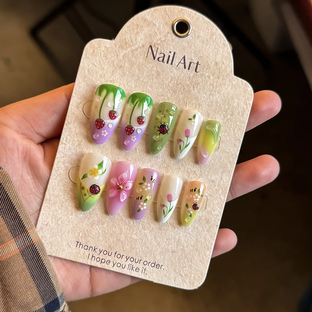 

24pcs Women Girls Fashion Dopamine Strawberry Flowers Press on Nails Cute Ladybug Almond Nails False Nails Wearable Removable