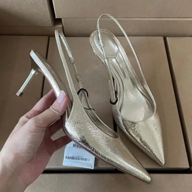 

Slip on Women High Heels Office and Career Shoes Sexy Pointed Toe Concise Design Shiny Gold Evening Party Dress Slingback Pumps