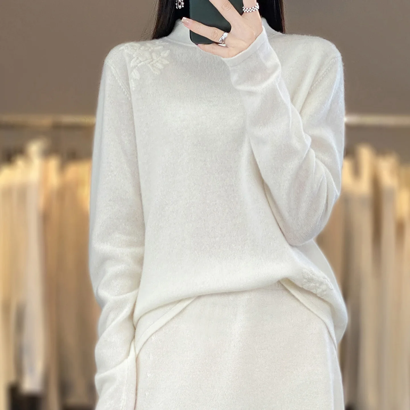 New Chinese Style Jacquard Wool Sweater 100 Pure Wool Womens Autumn Winter Stand Collar Knitted Base Top Sweater Women's sweater