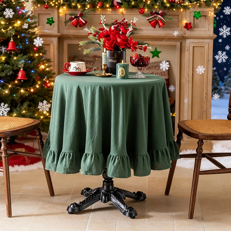 Retro Farmhouse Ruffle Round Tablecloth Cotton Flounces Washable Rectangle Table Decoration for Baby Shower Kitchen WeddingParty