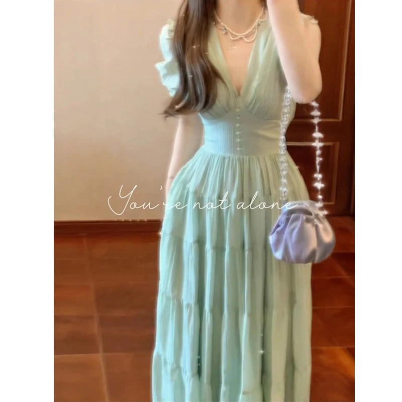 فستان ضيق مثير بياقة على شكل V وأكمام قصيرة من فيستدوس ملابس نسائية صيفية عصرية مكشكشة مجوفة برباط علوي فساتين حفلات أنيقة