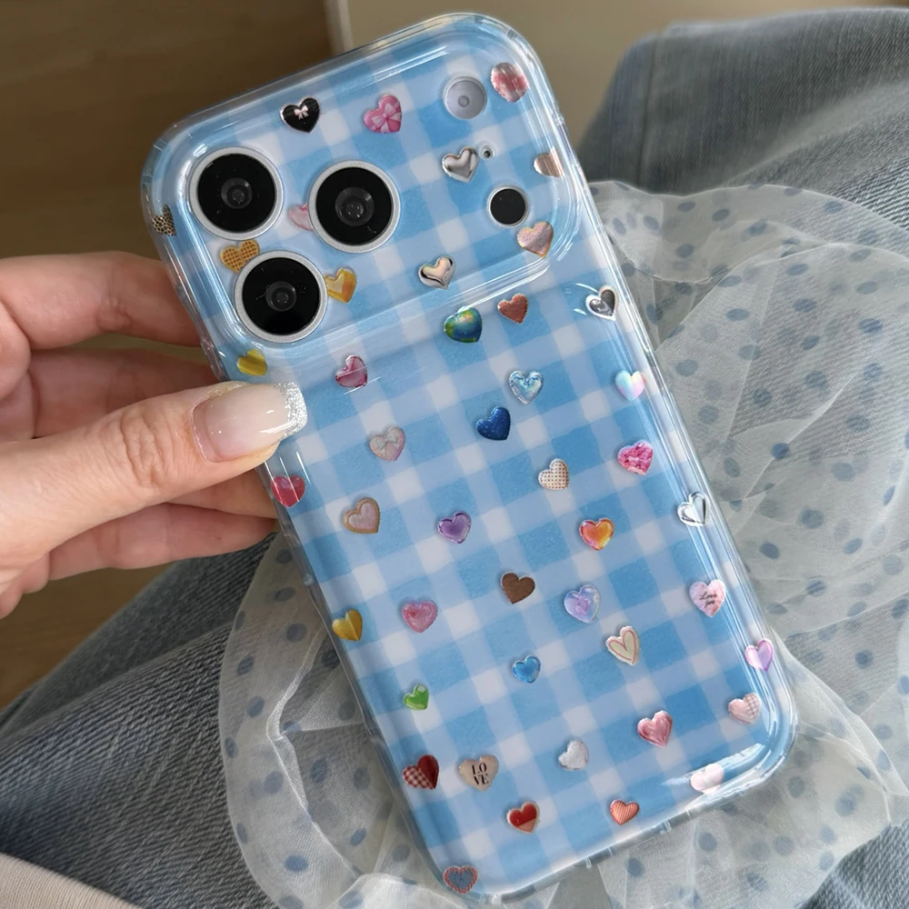 Fresh ins Style Blue Checkered Grid Glitter Colorful Hearts Shockproof Protective Phone Case for iPhone 17pro 15 16 ProMax Cover