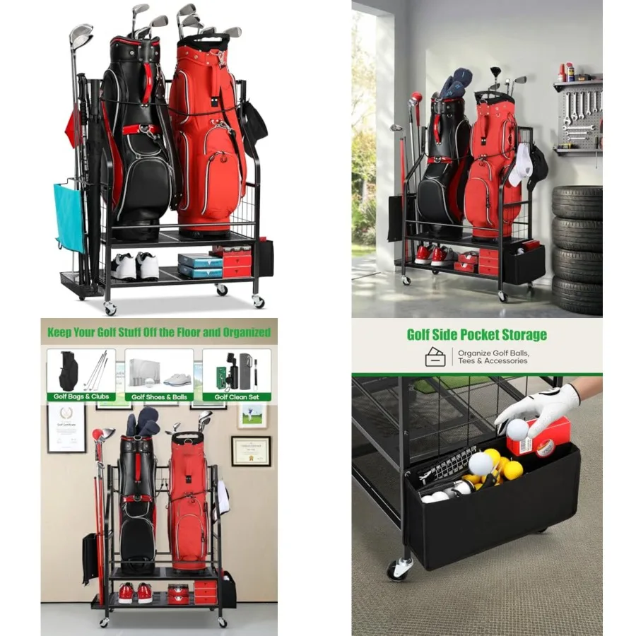 Golf Bag Storage Garage Organizer - Golf Bag Stand Fit for 2 Bag, Extra Clubs, Balls, Shoes, and Golf Equipment Accessories, Go