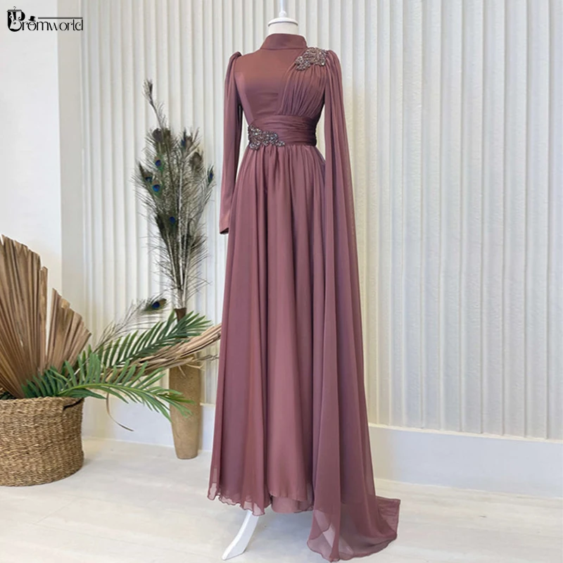 

Elegant Muslim Prom Dresses for Women Party Wedding Evening Gowns Chiffon Beaded Long Sleeves Formal Dress Arabic Dubai