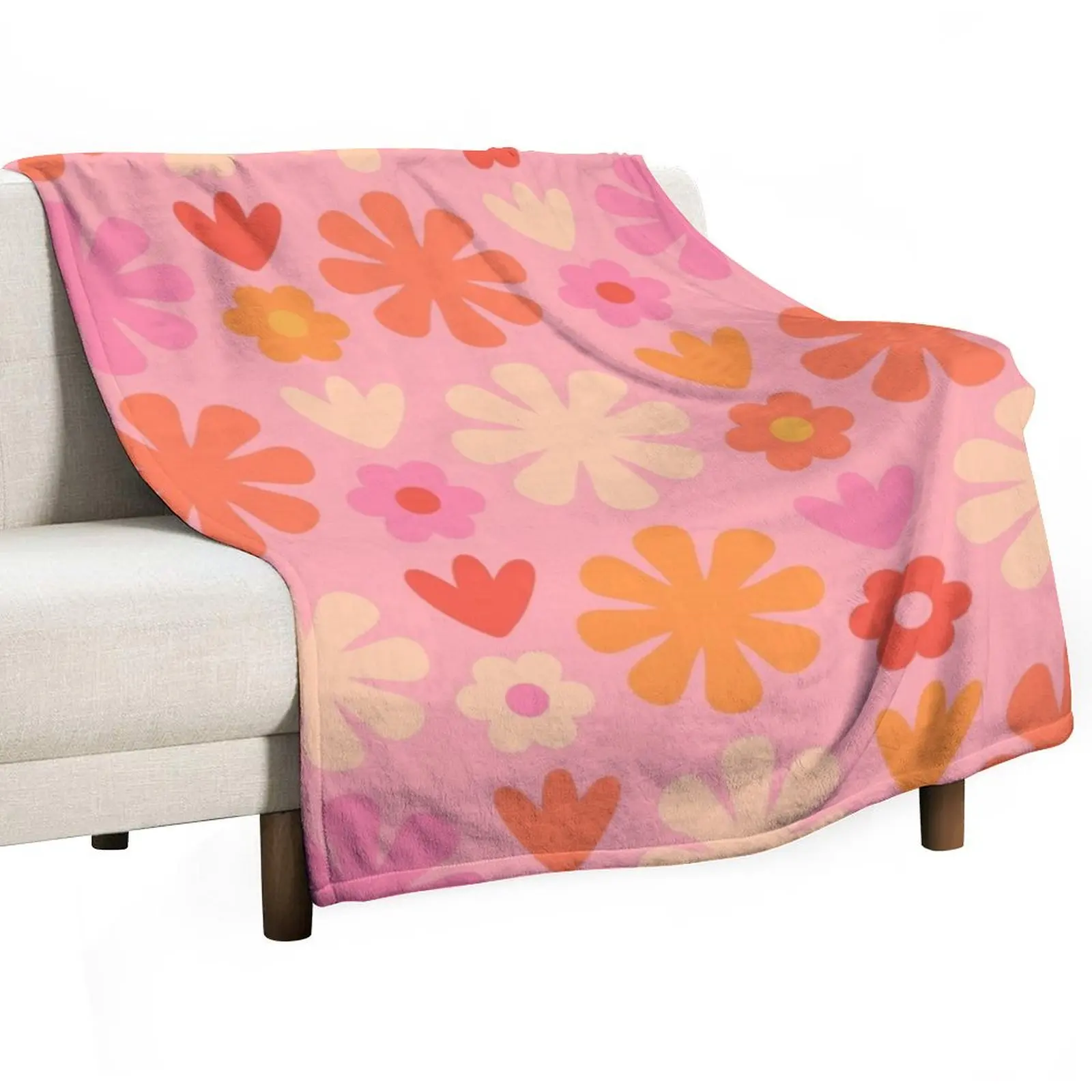 Scandi Floral Grid Retro Flower Pattern Pink Orange Cream Throw Blanket Summer Beddings Thins Decoratives Hair Blankets