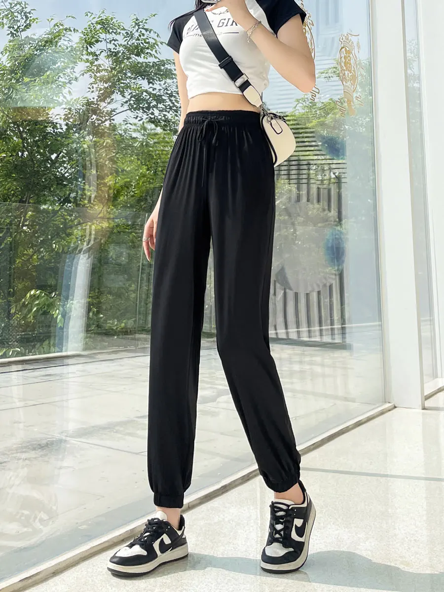 Damskie spodnie sportowe z lodowego jedwabiu, szybkoschnące, letnie, cienkie, dopasowane, luźne spodnie do biegania, duży rozmiar, przedłużone spodnie typu lantern.