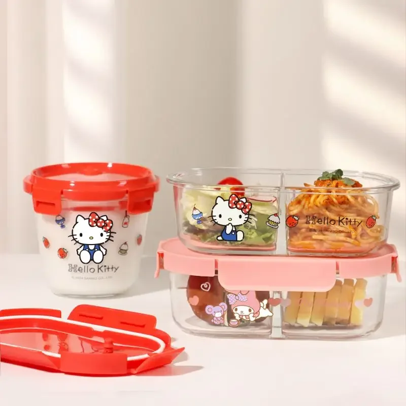 Sanrio Kawaii Hello Kitty Glass Lunch Box My Melody Kuromi Anime Cartoon Sweet Microwaveable Sealed Soup Bowls with Separate Lid