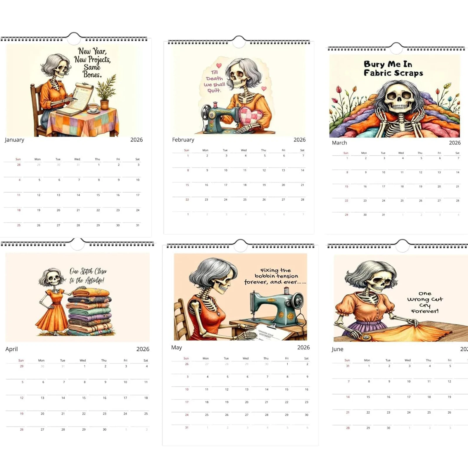 2026 الجمجمة الخياطة موضوع جدار التقويم القوطية ديكور المنزل مع طباعة عالية الدقة معلقة التقويم للديكور الداخلي