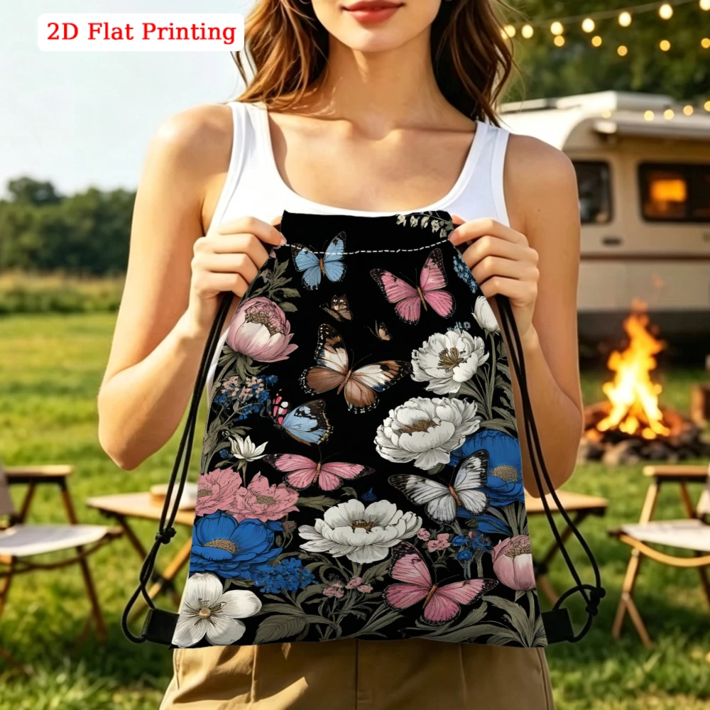 Vintage Floral Butterfly Print, Drawstring Backpack, 2D Flat Printing Design, Gym Sports Bag, Outdoor Travel Sack