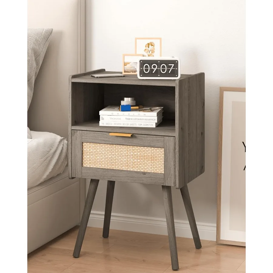 Mesita de noche moderna de ratán con cajón de almacenamiento y estante de madera abierto para dormitorio, sala de estar y espacios pequeños, muebles elegantes con acento