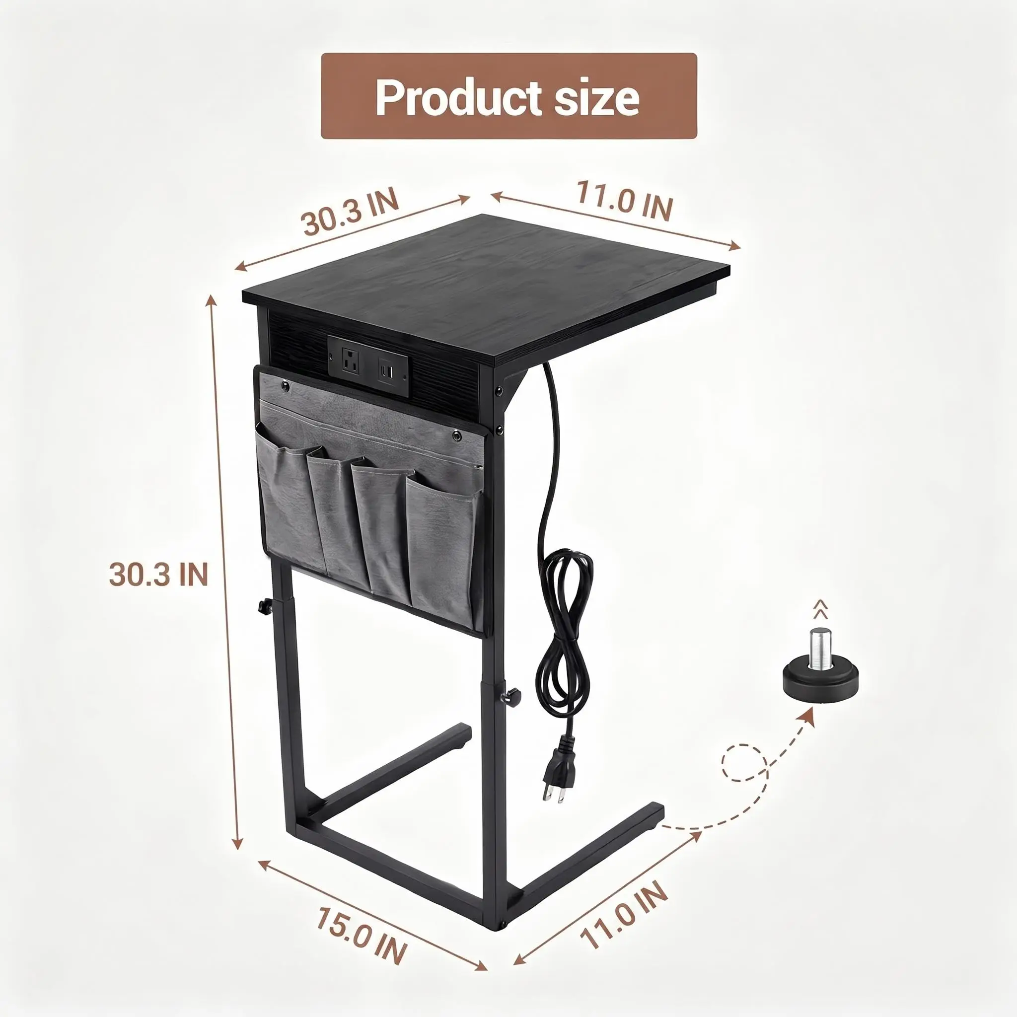 C-Shaped End Table with Charging Station and Power Outlet, Adjustable Height 18-32 Inch Couch Side Table with Hanging Organizer, Multi-Functional Bedside Table for Living Room, Bedroom, Office