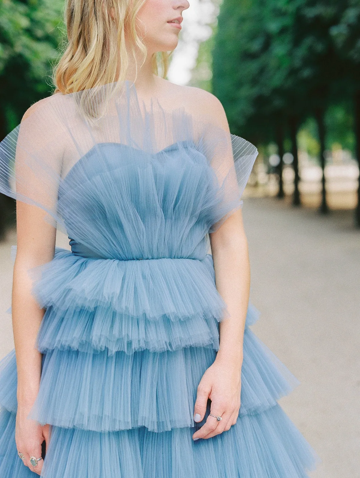 Pretty Garden Blue Tiered Tulle Bridal Dresses A-line Long Strapless Long Women Dresses To Party Tulle Prom Gowns