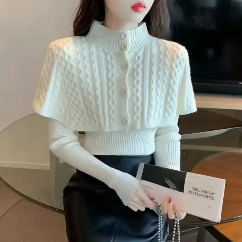 

Autumn Winter Knitted Pullover Women Sweater Single Breasted Half High Collar Cardigan And Long Sleeve Sweater 2 Pieces