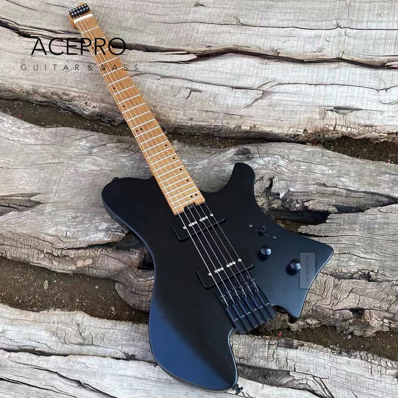 Acepro Headless Electric Guitar, P90 Pickups, Black Ash Body, Roasted Maple Neck, Stainless Steel Frets, Quality Guitarra