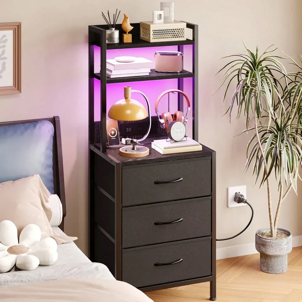 

TripleFunction 41 Tall Charging Cabinet Modern Office Side Table, Bedside Nightstand Bookshelf With LED Light, USB Ports 3 2 Fa