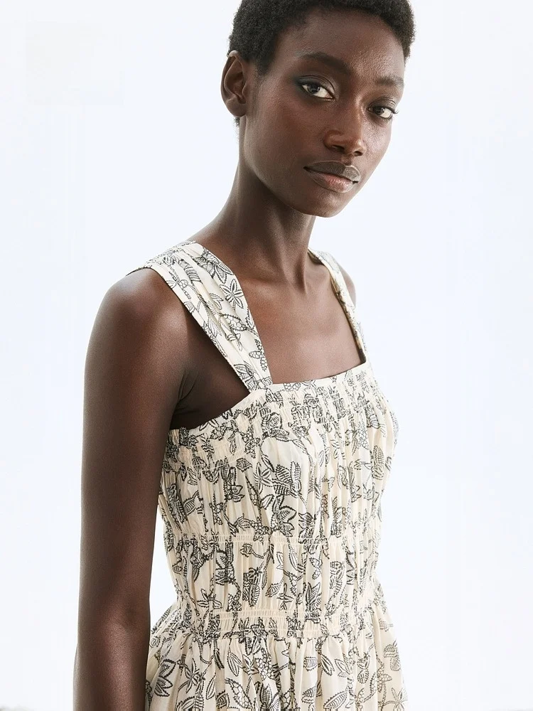 H&M Floral Print One-Piece Dr Spring Summer Casual Sle Svel Midi Dr Vaion Vibes Gauze Material Square Collar